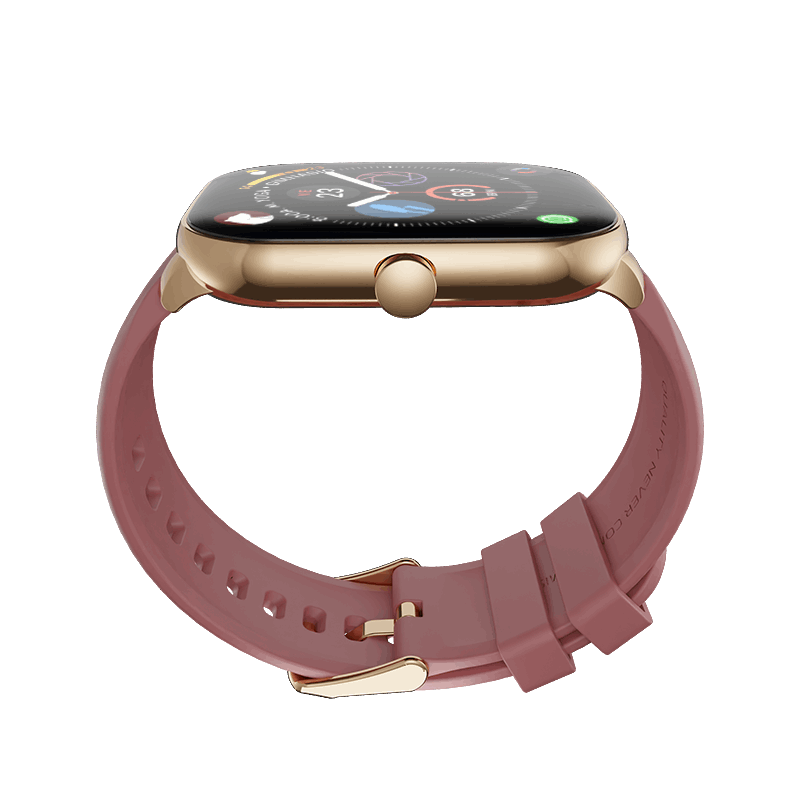 Stylish RONiN R-06 Smart Watch in golden with maroon strap, including sleep monitoring and step tracking features.