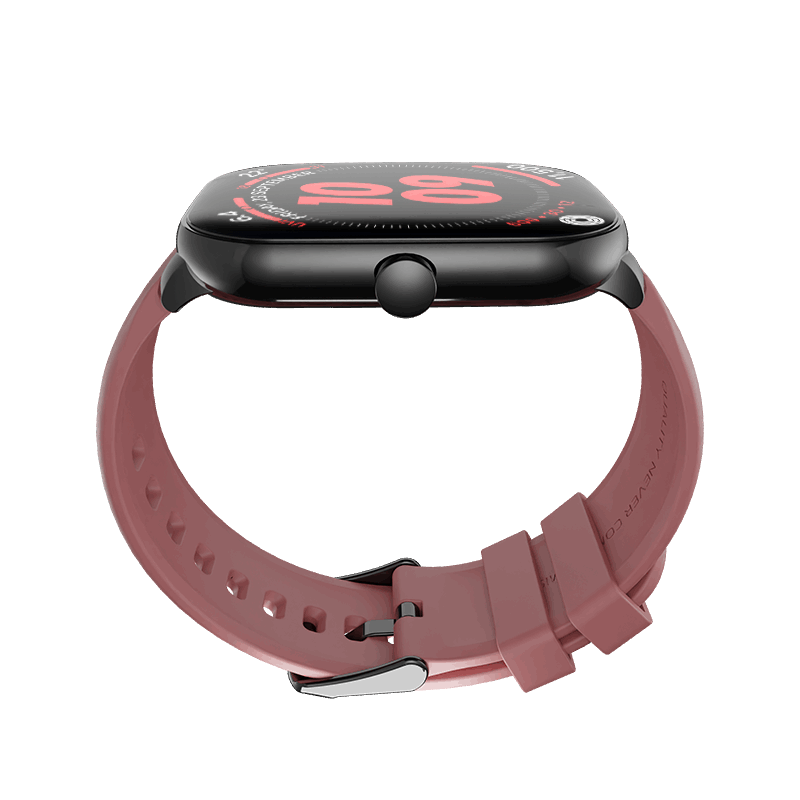 RONiN R-06 Smart Watch in black with maroon strap, offering a week-long battery life and multiple fitness sensors.