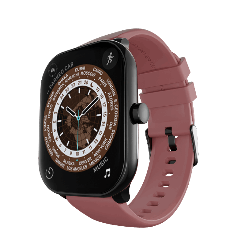 RONiN R-06 Smart Watch in black with maroon strap, offering a week-long battery life and multiple fitness sensors.