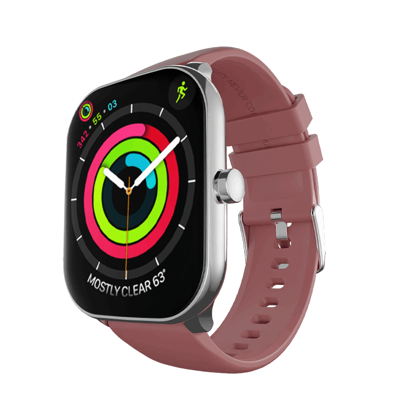 Stylish RONiN R-06 Smart Watch in silver with maroon strap, including sleep monitoring and step tracking features.