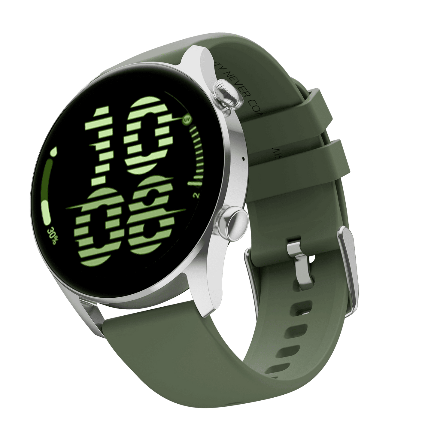 RONiN R-08 Smart Watch presenting a silver dial and a lively grass green strap, ideal for fitness enthusiasts seeking both form and function.