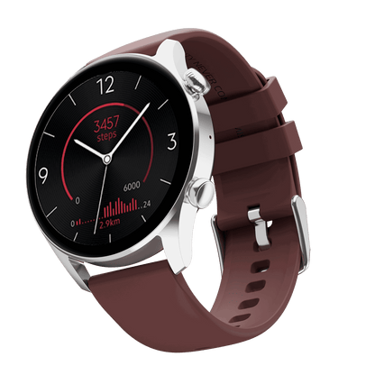 RONiN R-08 Smart Watch with a silver dial paired with a deep maroon strap, providing a stylish accessory equipped with advanced functionalities.