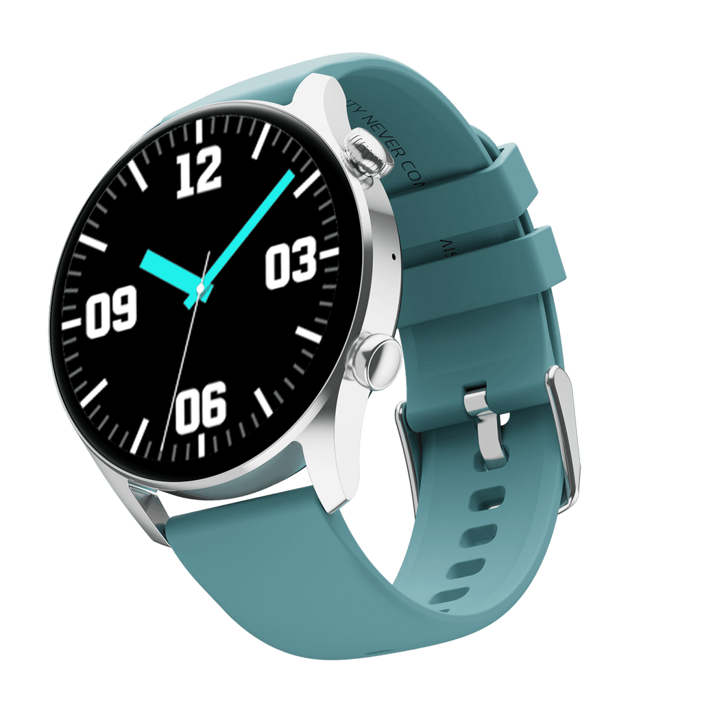 RONiN R-08 Smart Watch featuring a sleek silver dial matched with a vibrant teal strap, offering a contemporary look with comprehensive health monitoring.