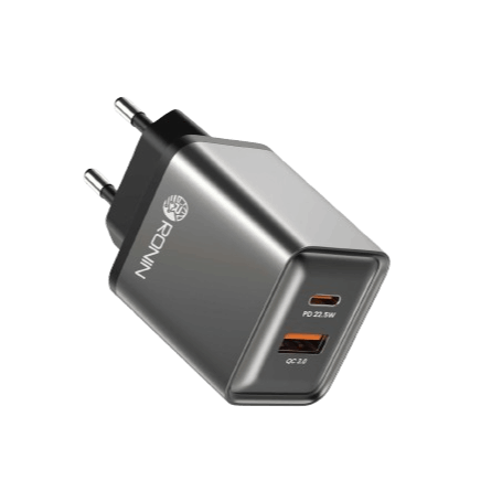 RONiN R-6005 22.5W charger with dual charging options, compatible with PD and USB charging standards.