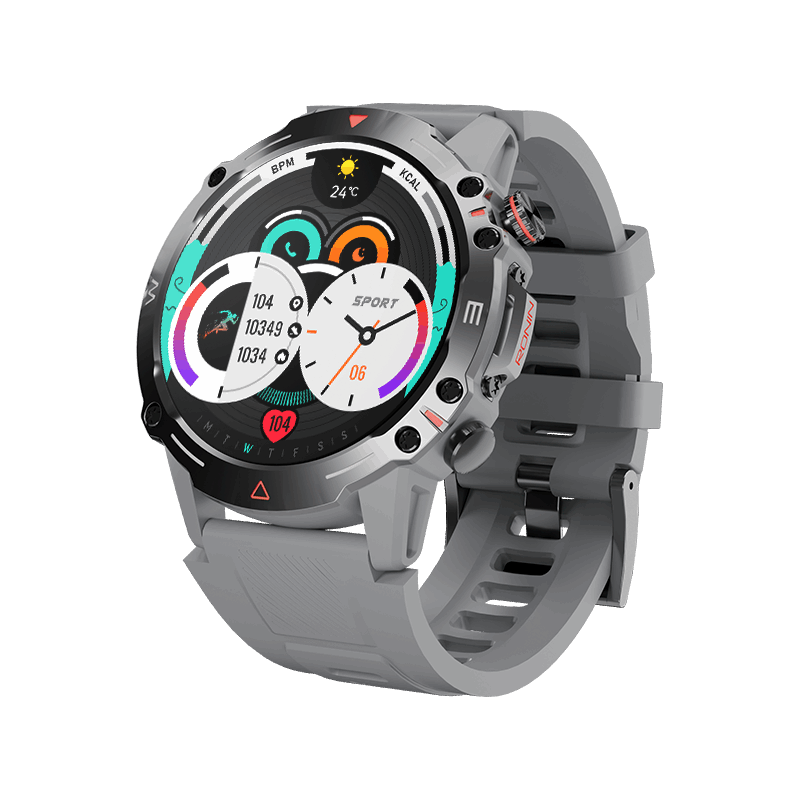 Silver RONiN R-012 Rugged Smart Watch, featuring a 1.43-inch AMOLED display and multiple health monitoring features.