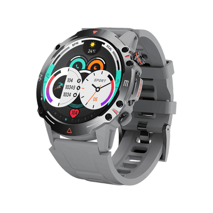 Silver RONiN R-012 Rugged Smart Watch, featuring a 1.43-inch AMOLED display and multiple health monitoring features.