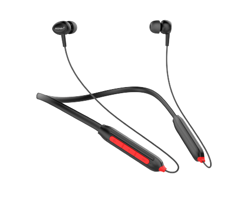 RONiN R-970 wireless neckband in red, featuring a flexible collar and soft bass sound system for comfortable, high-quality listening.