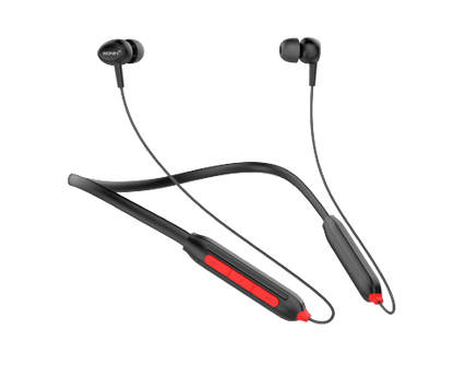 RONiN R-970 wireless neckband in red, featuring a flexible collar and soft bass sound system for comfortable, high-quality listening.